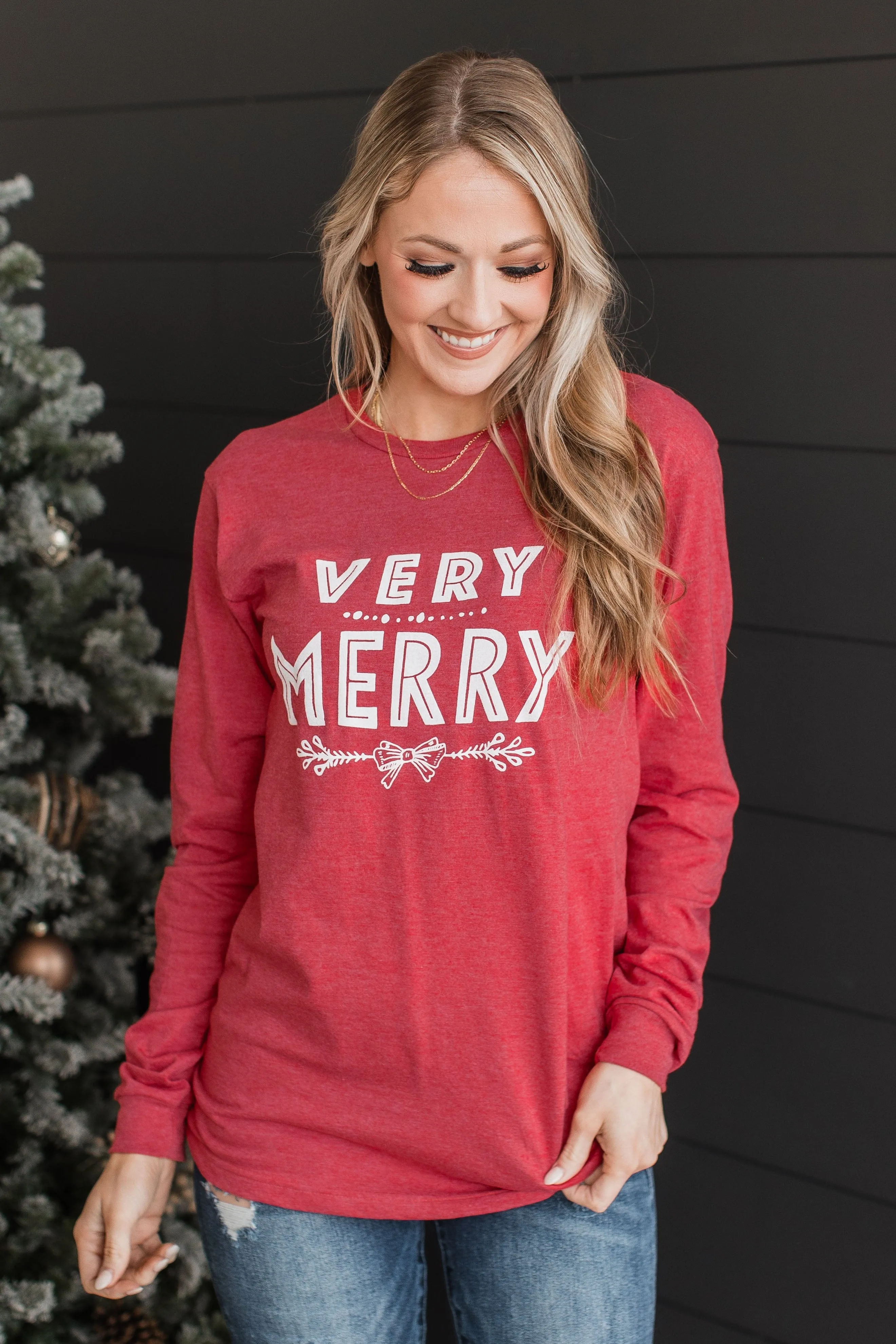 Very Merry Long Sleeve Graphic Top- Red