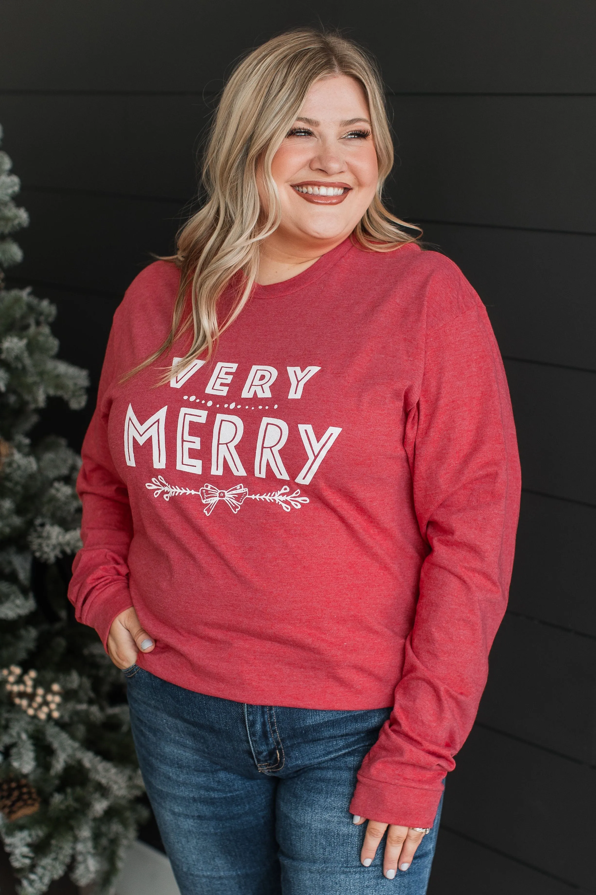 Very Merry Long Sleeve Graphic Top- Red