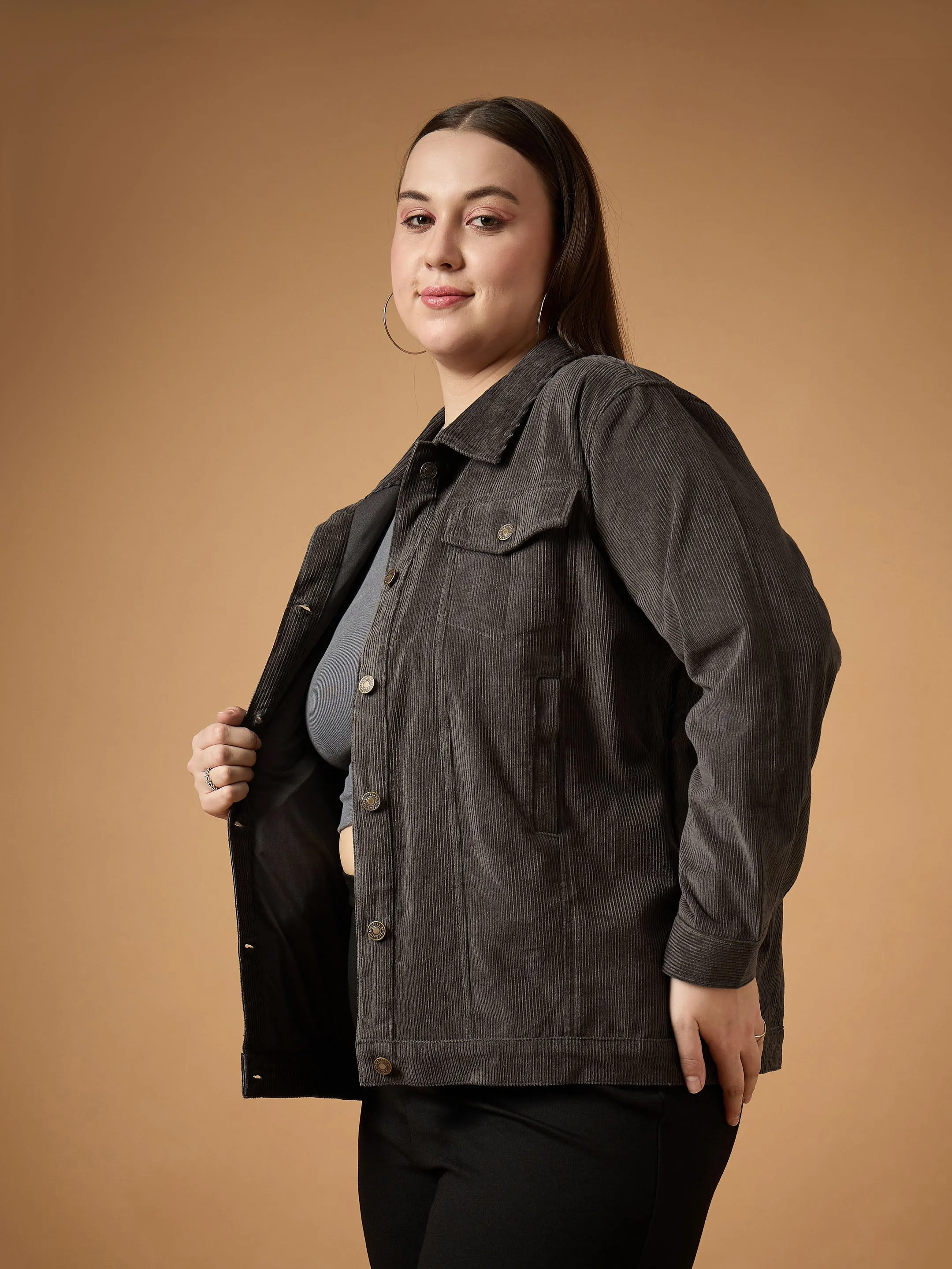 Women Dark Grey Corduroy Front Button Jacket