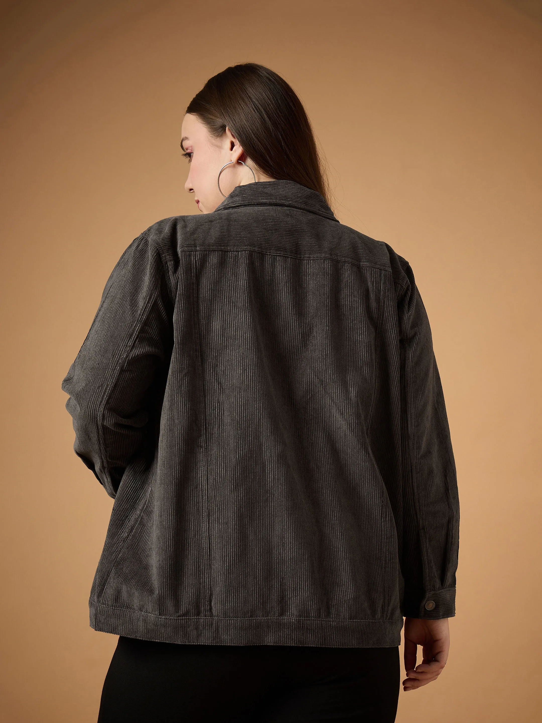 Women Dark Grey Corduroy Front Button Jacket