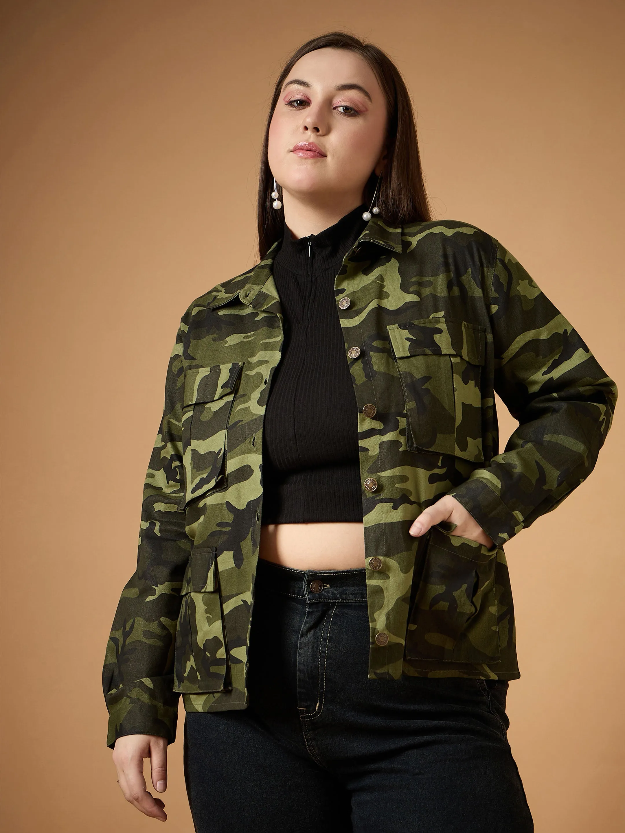 Women Twill Camouflage Multi Pocket Jacket