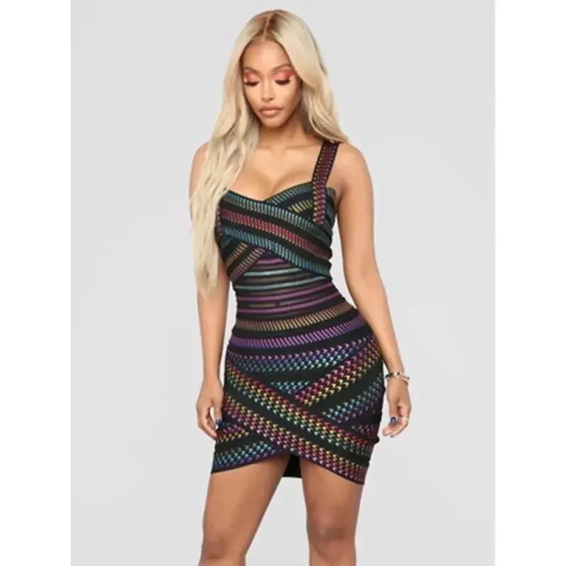 Women's Sexy V Neck Backless Houndstooth Mini Bodycon Party Dress