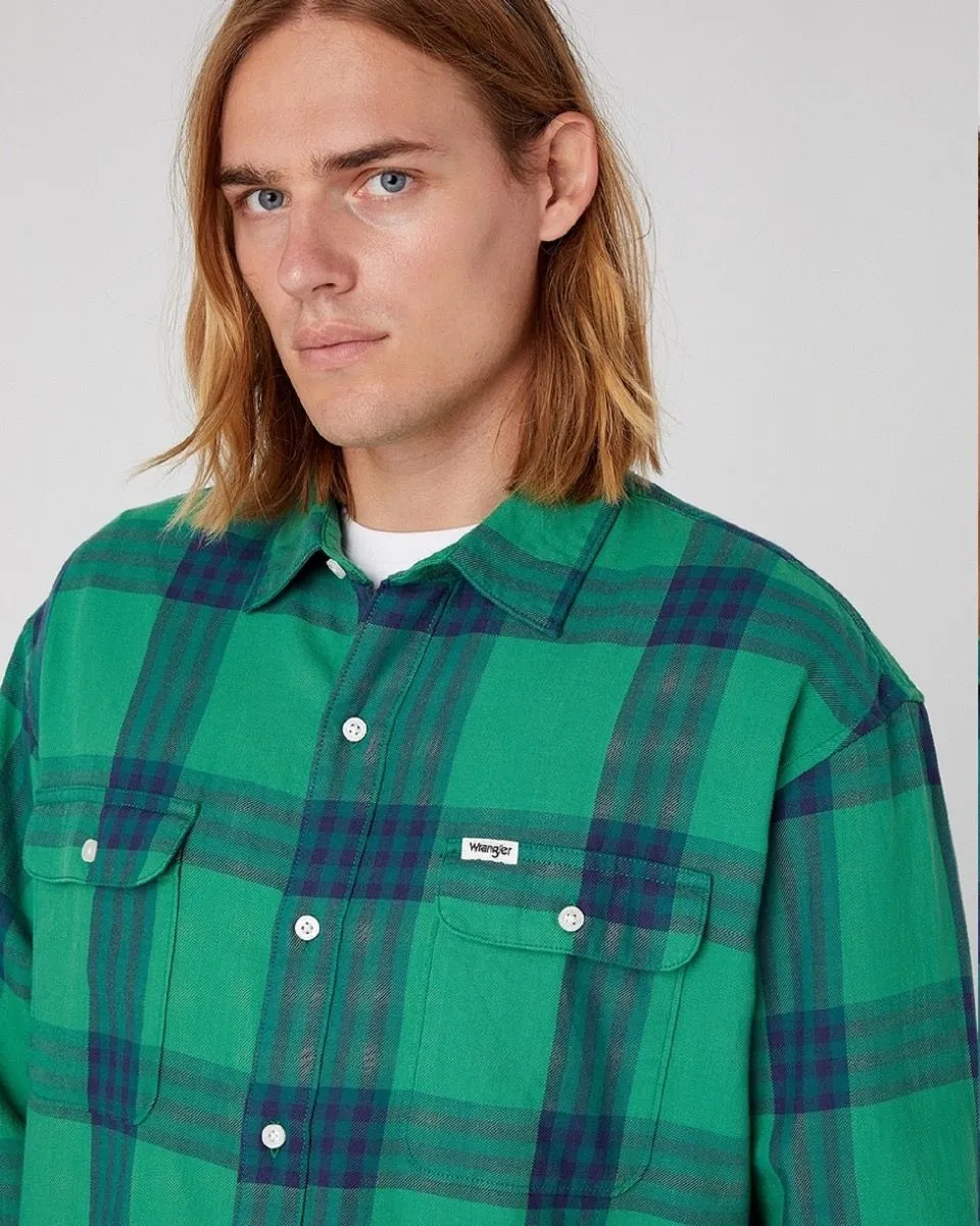 Wrangler Patch Pocket Check Long Sleeve Shirt Pine Green